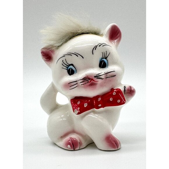 Vintage Japan Kitch White Kitty Cat w Hair & Bow tie 4” Big Eye - Picture 1 of 5